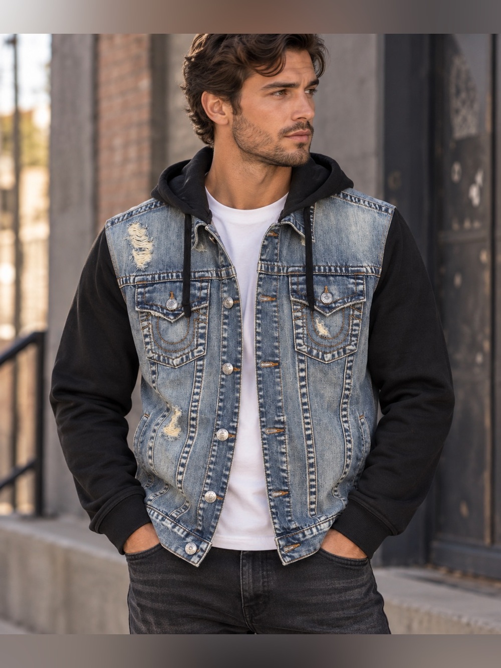 True Religion Distressed Light Blue Denim Bomber Jacket with Black Sleeves